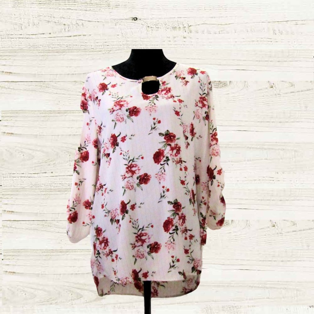 Rue 21 tunic Size L top long tab sleeve  white floral nwot